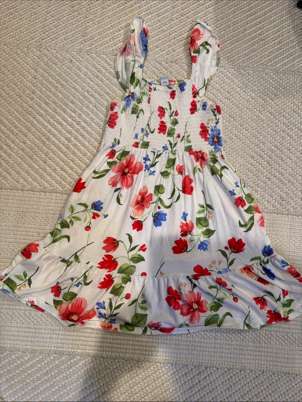 Girls White Floral Sundress with Red & Blue Flowers